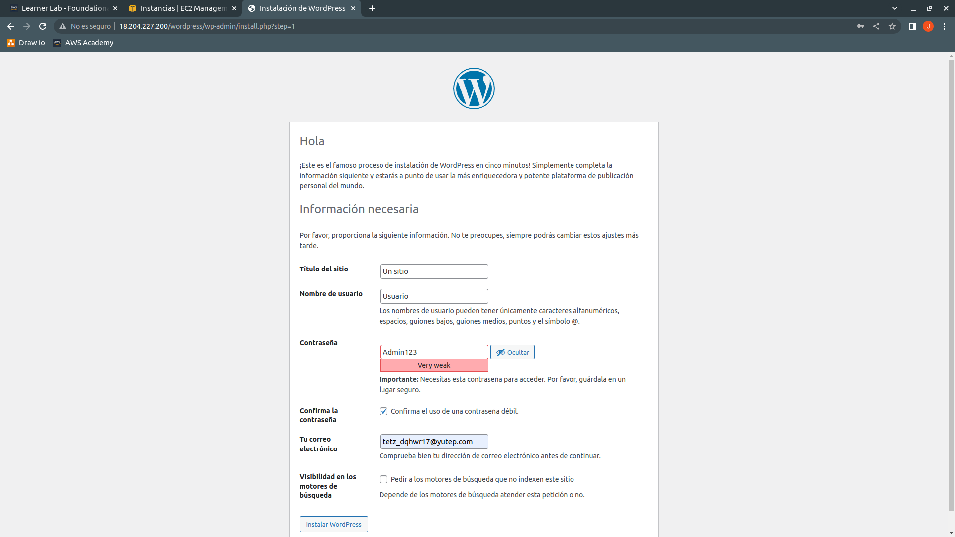 Configuración del sitio y datos del backoffice