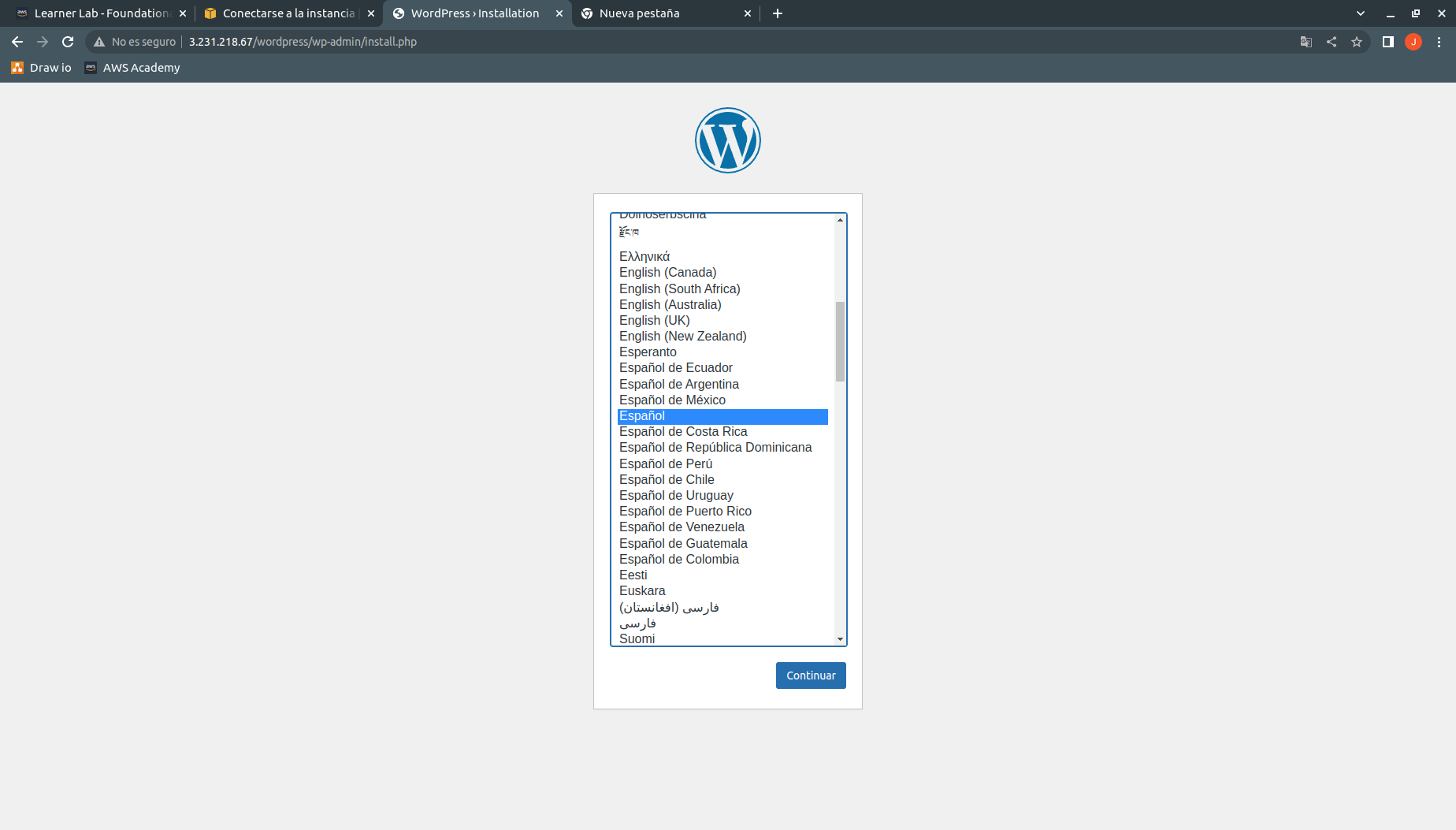 Selección de idioma WordPress